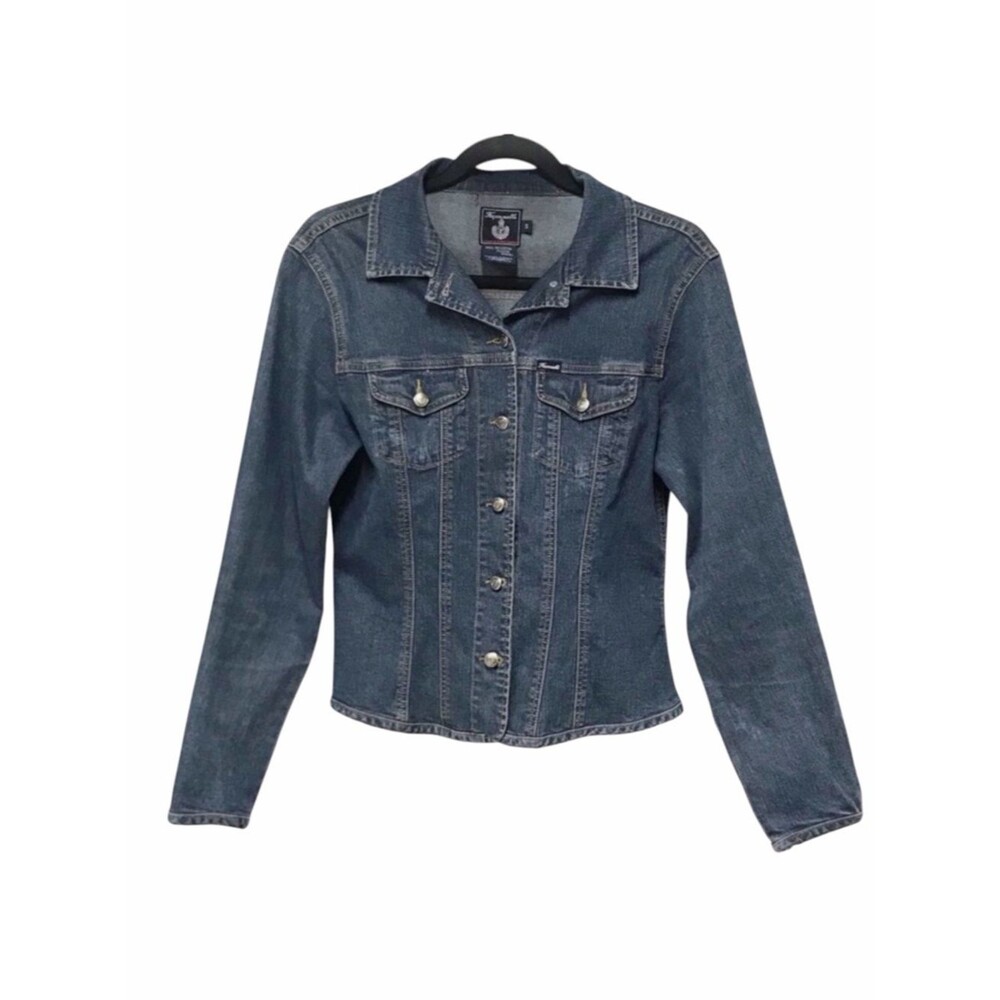 Faconnable Fitted Stretch Denim Jean Jacket Flare Hem Y2K Distressed Wash Blue S